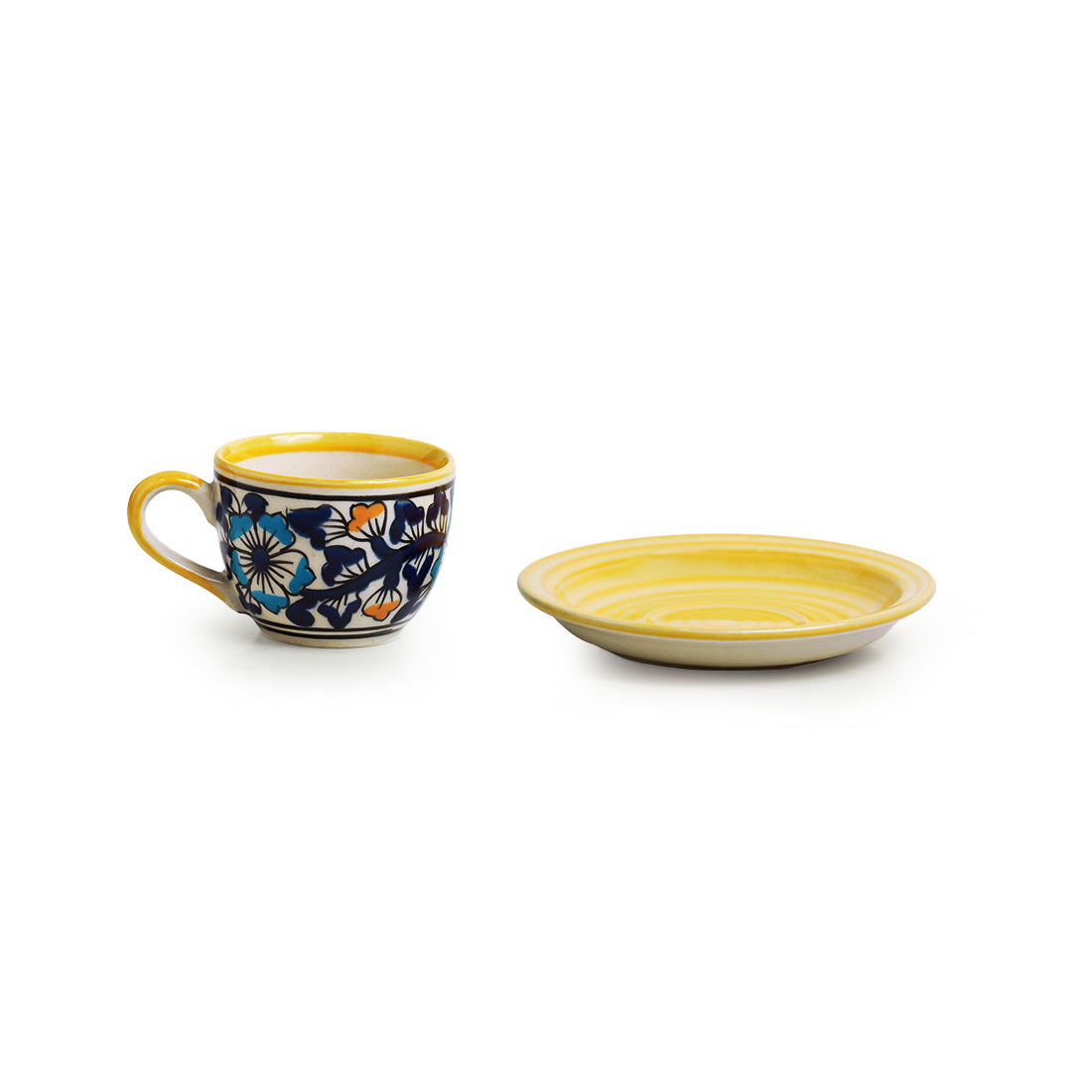 'Badamwari Bagheecha' Handpainted  Ceramic Coffee & Tea Cups With Saucers (Set of 6, 120 ML, Microwave Safe)