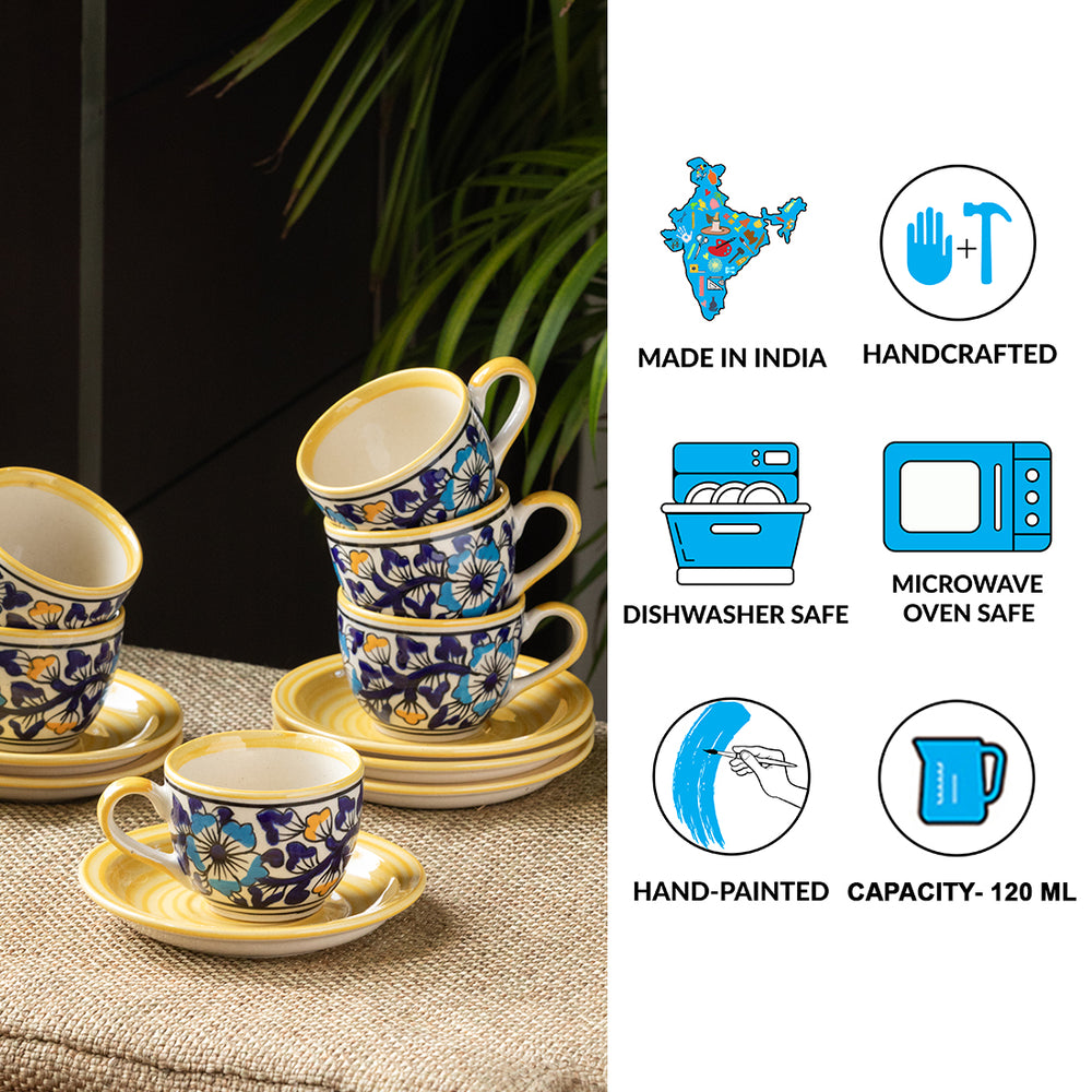 'Badamwari Bagheecha' Handpainted  Ceramic Coffee & Tea Cups With Saucers (Set of 6, 120 ML, Microwave Safe)