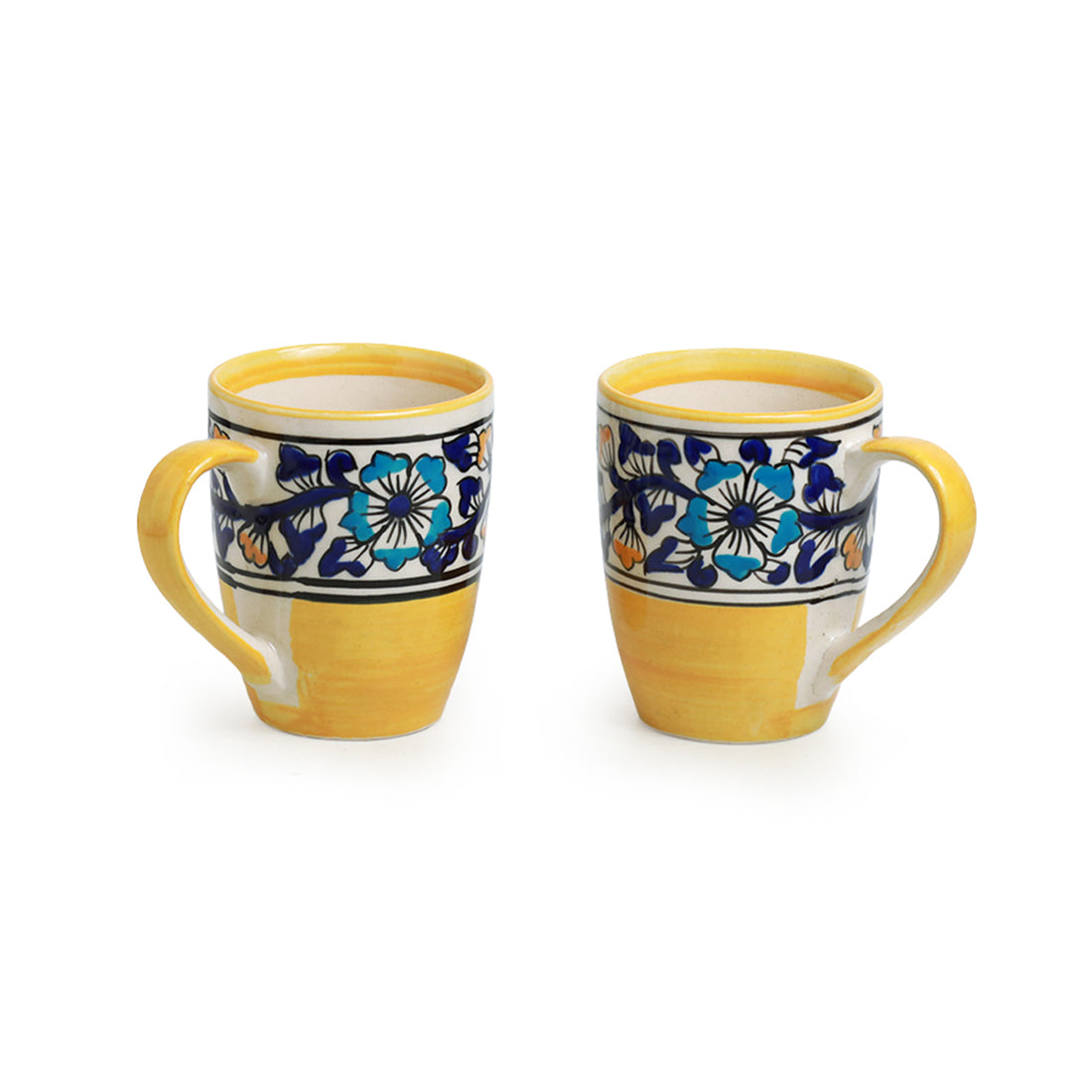 'Badamwari Bagheecha' Handpainted Ceramic Tea & Coffee Mugs (Set of 2, 240 ML, Microwave Safe)
