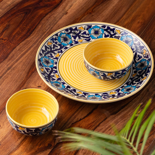 'Badamwari Bagheecha' Handpainted Ceramic Dinner Plate With Katoris (3 Pieces, Serving for 1, Microwave Safe)