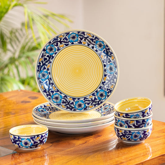 'Badamwari Bagheecha' Handpainted Ceramic Dinner Plates With Katoris (8 Pieces, Serving for 4, Microwave Safe)