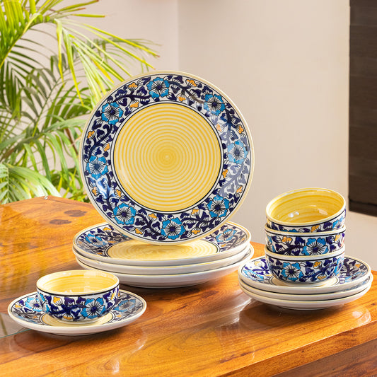 'Badamwari Bagheecha' Handpainted Ceramic Dinner & Side/Quarter Plates With Dinner Katoris (12 Pieces, Serving for 4, Microwave Safe)