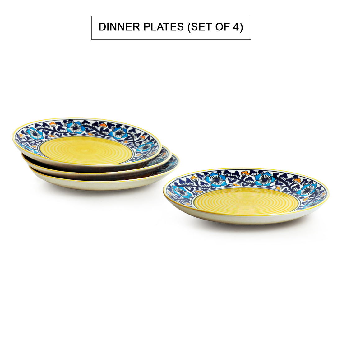 'Badamwari Bagheecha' Handpainted Ceramic Dinner Plates, Serving Bowls & Katoris (10 Pieces, Serving for 4, Microwave Safe)