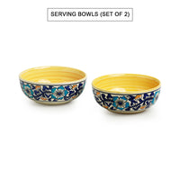 'Badamwari Bagheecha' Handpainted Ceramic Dinner Plates, Serving Bowls & Katoris (10 Pieces, Serving for 4, Microwave Safe)