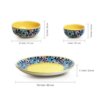 'Badamwari Bagheecha' Handpainted Ceramic Dinner Plates, Serving Bowls & Katoris (10 Pieces, Serving for 4, Microwave Safe)