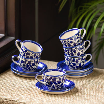 'Badamwari Bagheecha-2' Handpainted Ceramic Tea Cups & Saucers Set (Set of 6, 120 ML, Microwave Safe)