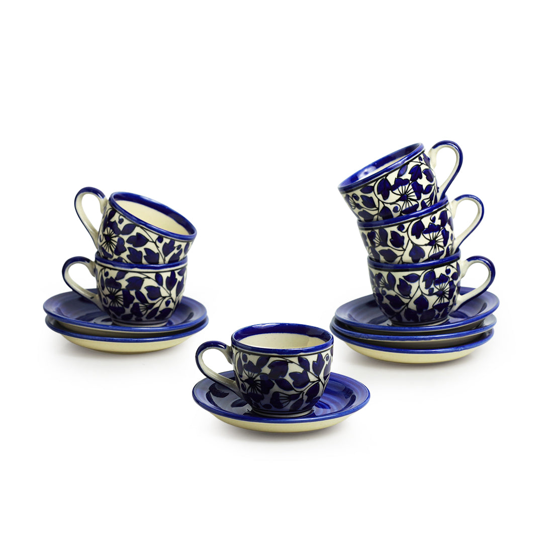 'Badamwari Bagheecha-2' Handpainted Ceramic Tea Cups & Saucers Set (Set of 6, 120 ML, Microwave Safe)