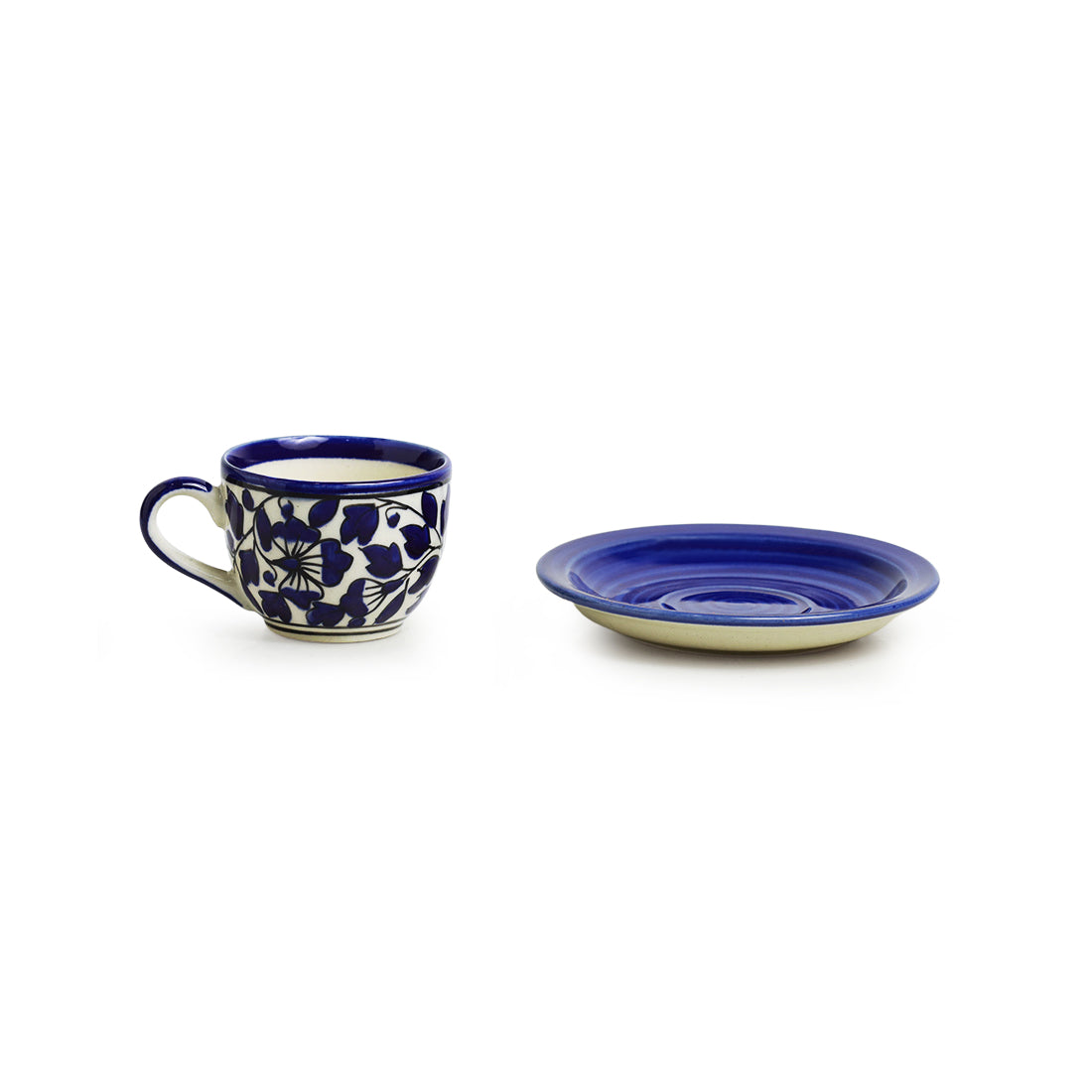 'Badamwari Bagheecha-2' Handpainted Ceramic Tea Cups & Saucers Set (Set of 6, 120 ML, Microwave Safe)