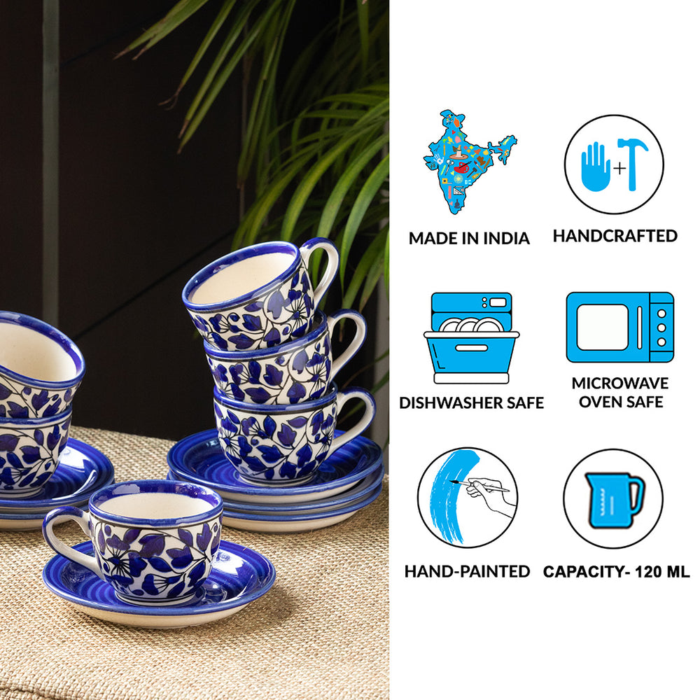 'Badamwari Bagheecha-2' Handpainted Ceramic Tea Cups & Saucers Set (Set of 6, 120 ML, Microwave Safe)