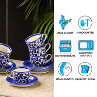 'Badamwari Bagheecha-2' Handpainted Ceramic Tea Cups & Saucers Set (Set of 6, 120 ML, Microwave Safe)