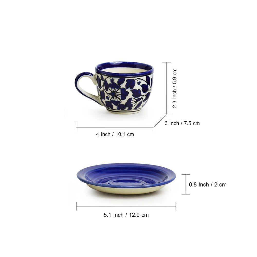 'Badamwari Bagheecha-2' Handpainted Ceramic Tea Cups & Saucers Set (Set of 6, 120 ML, Microwave Safe)