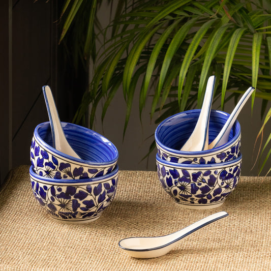 'Badamwari Bagheecha-2' Handpainted Ceramic Soup Bowls With Spoons (Set of 4, 380 ML, Microwave Safe)