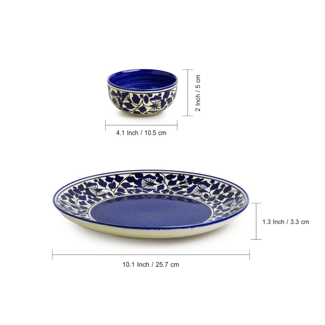 Badamwari Bagheecha-2' Handpainted Ceramic Dinner Plate With Dinner Katoris (3 Pieces, Serving for 1, Microwave Safe)