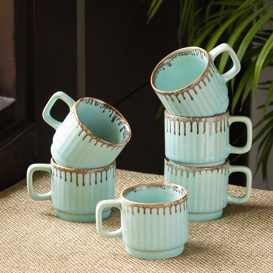 'Coral Reef' Tea Cups In Ceramic (Set Of 6, Hand Glazed Studio Pottery, Teal Green)