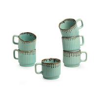 'Coral Reef' Tea Cups In Ceramic (Set Of 6, Hand Glazed Studio Pottery, Teal Green)