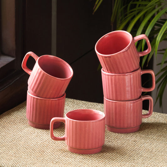 'Coral Reef' Tea Cups In Ceramic (Set Of 6, Hand Glazed Studio Pottery, Carmine Red)