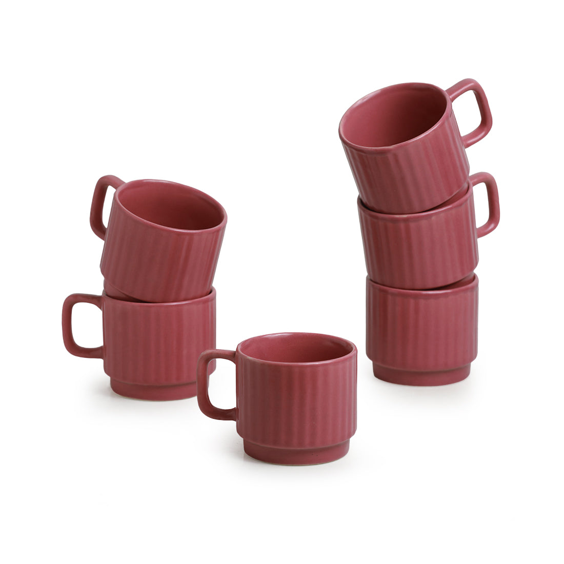 'Coral Reef' Tea Cups In Ceramic (Set Of 6, Hand Glazed Studio Pottery, Carmine Red)