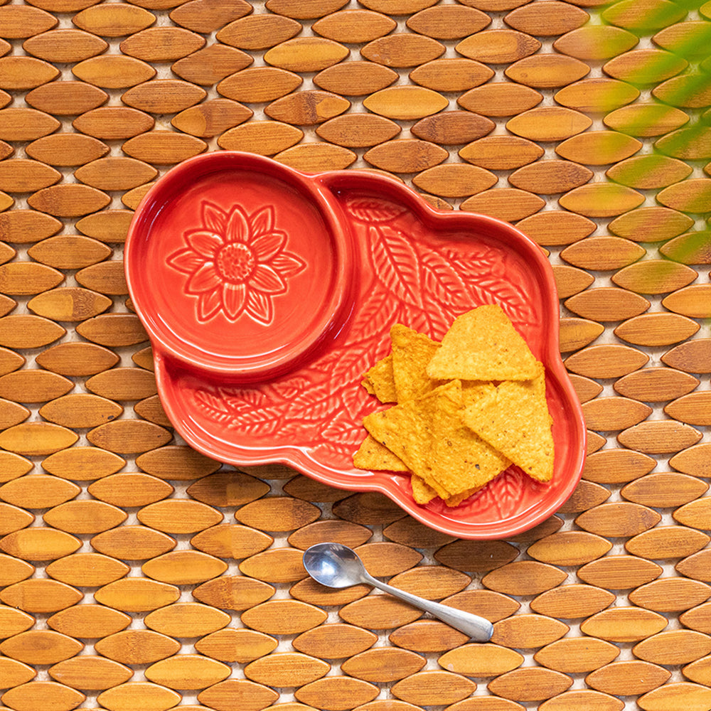 'Coral Reef' Chip-N-Dip Serving Platter In Ceramic (Hand Glazed Studio Pottery, Microwave Safe)