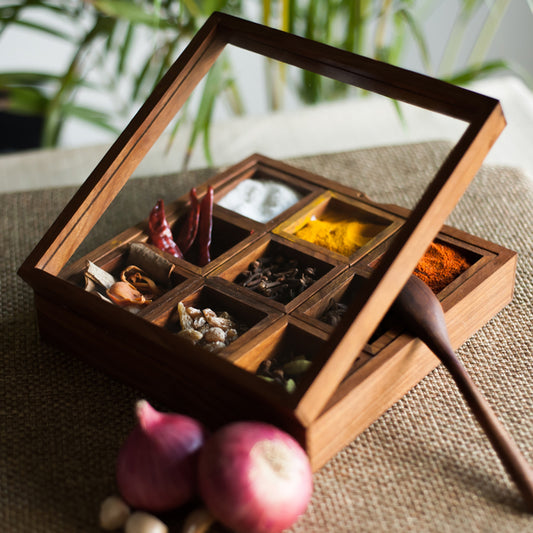 Spice Box With Container & Spoon In Sheesham Wood