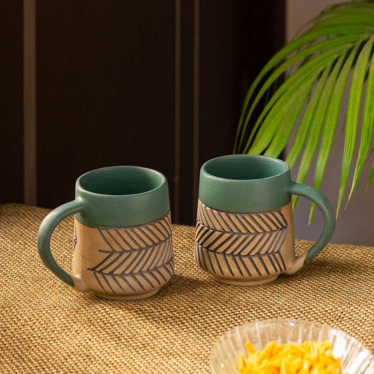 Chevron Waves Textured Handcrafted Ceramic Coffee Mugs (Set of 4, 280 ML Each)