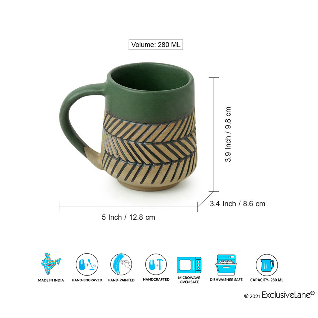 Chevron Waves Textured Handcrafted Ceramic Coffee Mugs (Set of 4, 280 ML Each)
