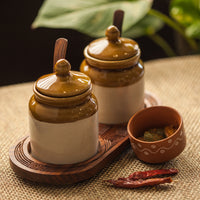 Old Fashioned Ceramic Jars With Hand Carved Tray