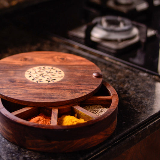 Spice Box With Floral Burnt Design In Sheeham Wood