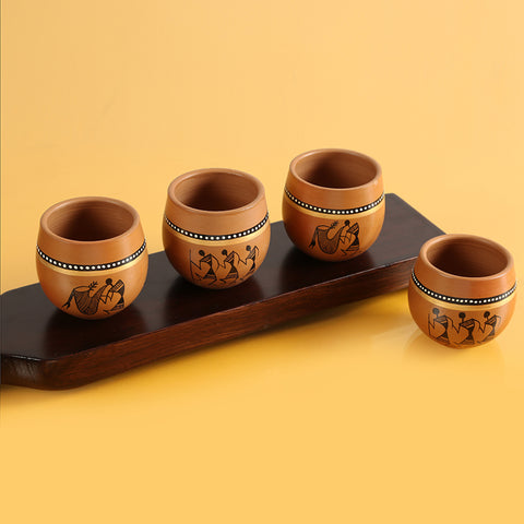 'New-Old World Charms' Warli Handpainted Kulhads In Terracotta (Set Of 4)