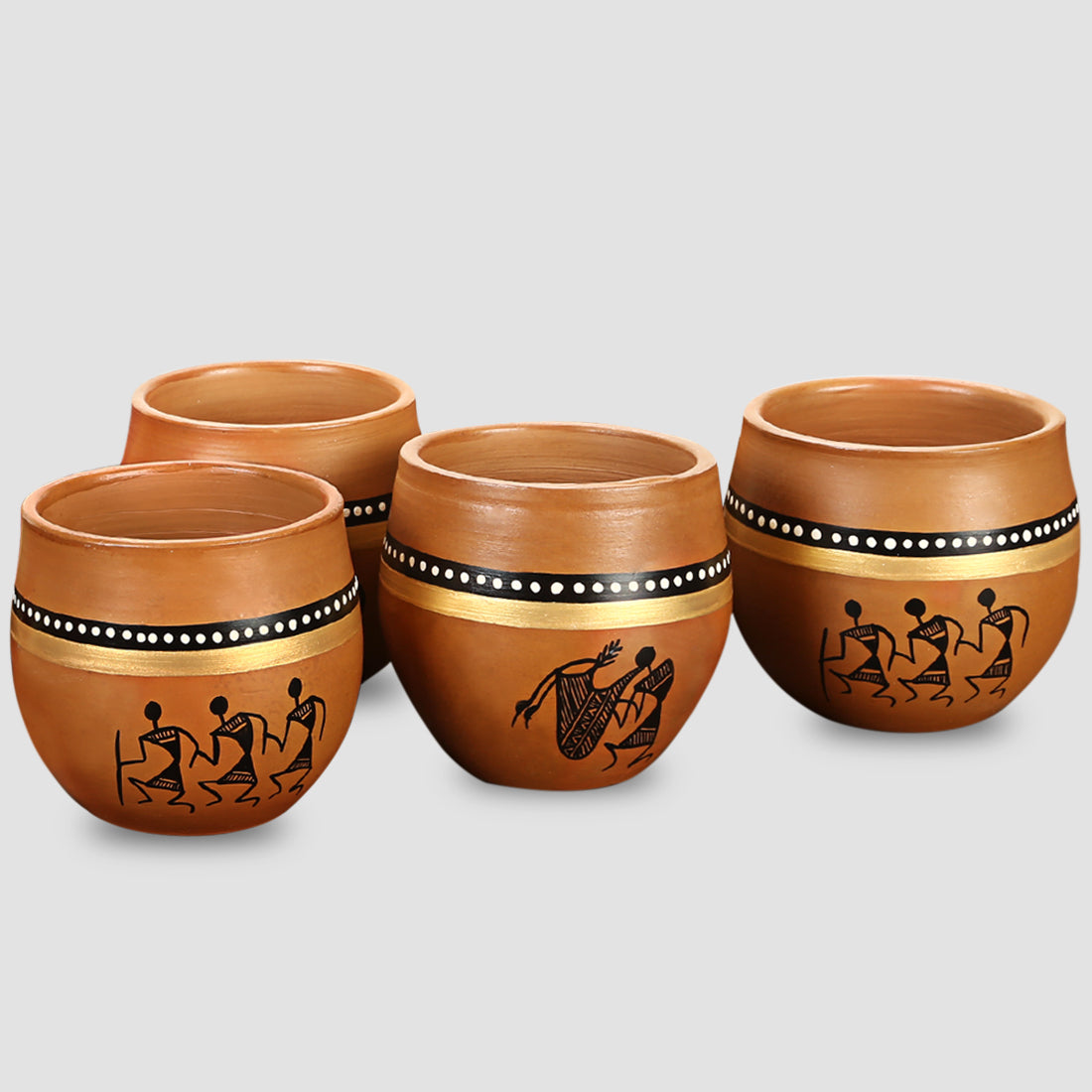 'New-Old World Charms' Warli Handpainted Kulhads In Terracotta (Set Of 4)