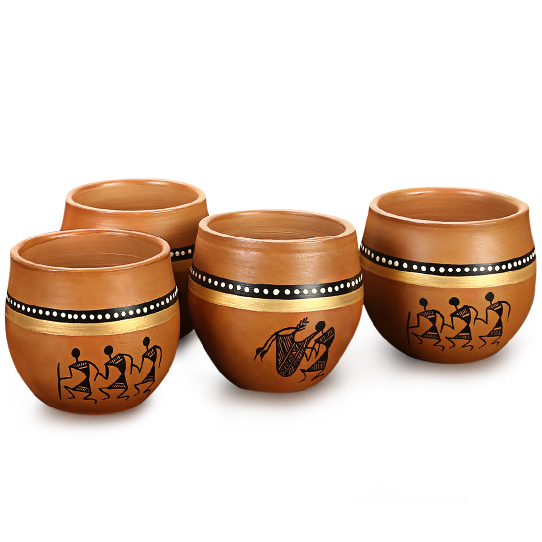 'New-Old World Charms' Warli Handpainted Kulhads In Terracotta (Set Of 4)