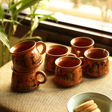 'Rejoice In Red-Mud' Warli Handpainted Tea & Coffee Cups In Ceramic (Set Of 6)