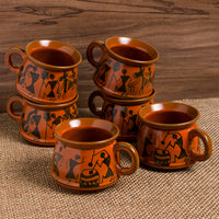 'Rejoice In Red-Mud' Warli Handpainted Tea & Coffee Cups In Ceramic (Set Of 6)