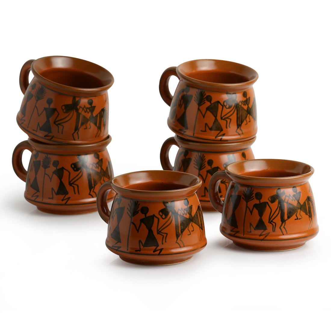 'Rejoice In Red-Mud' Warli Handpainted Tea & Coffee Cups In Ceramic (Set Of 6)