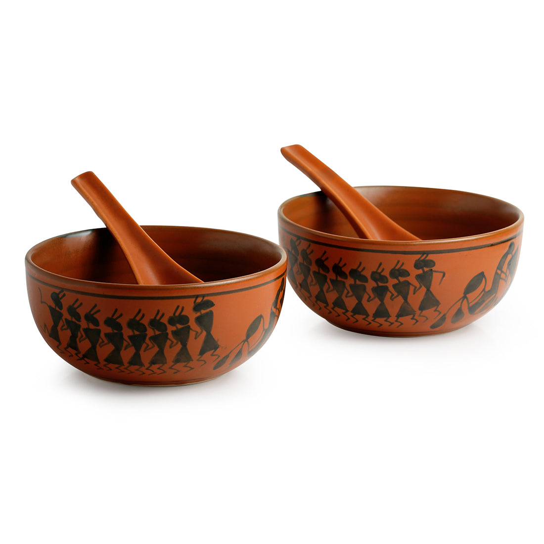 'Bowl Dancing' Warli Handpainted Soup Dishes With Spoons In Ceramic (Set Of 2)