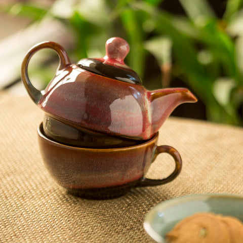 'Kettle-Cup Of Maroon Dusk' Studio Pottery Glazed Tea Set In Ceramic