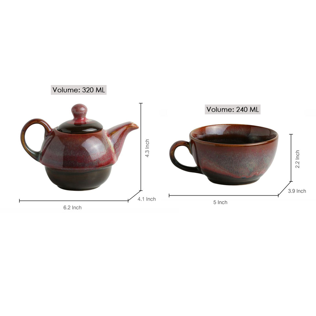 'Kettle-Cup Of Maroon Dusk' Studio Pottery Glazed Tea Set In Ceramic