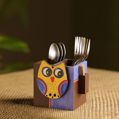 'Owl Motif' Cutlery & Toothpick Holder In Pine Wood (3 Partitions)