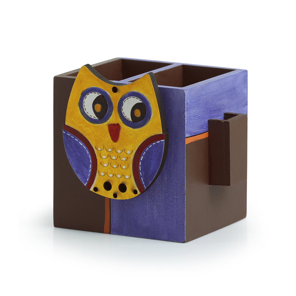 'Owl Motif' Cutlery & Toothpick Holder In Pine Wood (3 Partitions)