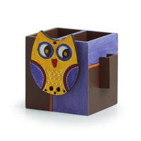 'Owl Motif' Cutlery & Toothpick Holder In Pine Wood (3 Partitions)