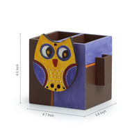 'Owl Motif' Cutlery & Toothpick Holder In Pine Wood (3 Partitions)