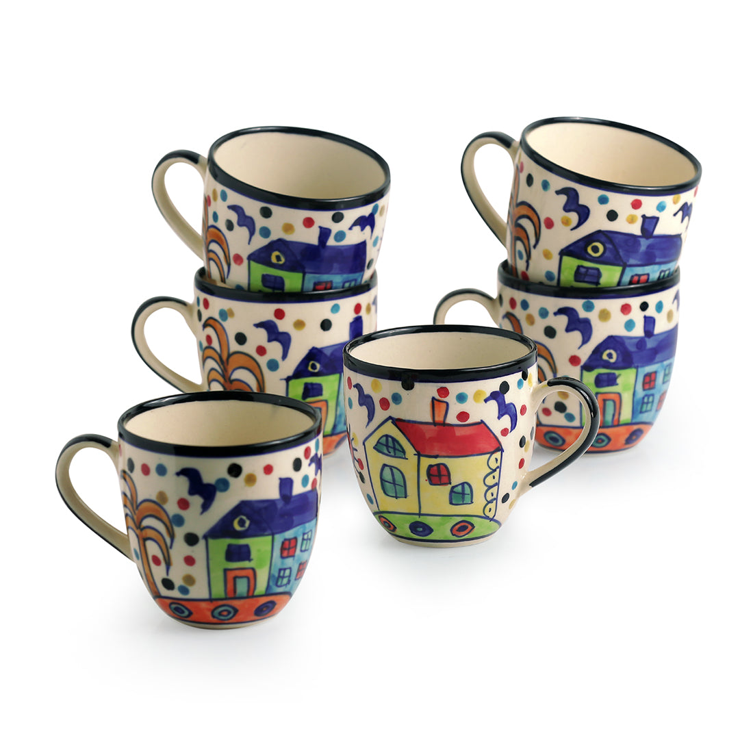 'The Hut Morning Companions' Handpainted Ceramic Tea & Coffee Cups (Set Of 6)