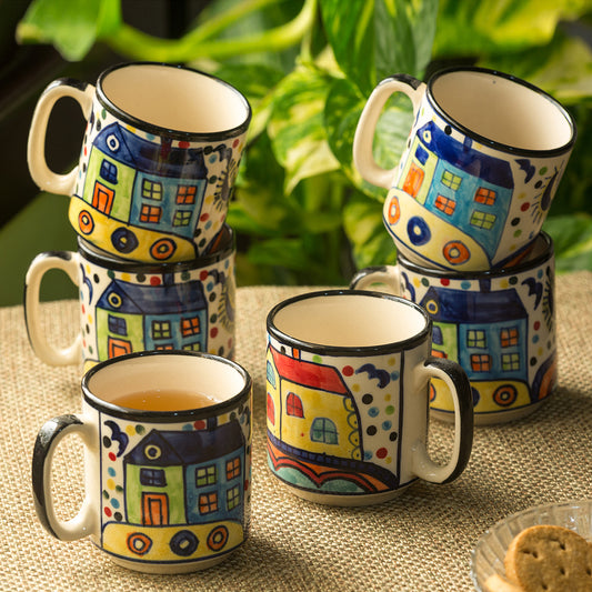 'The Hut Coffee Hangouts' Handpainted Ceramic Tea & Coffee Mugs (Set Of 6)
