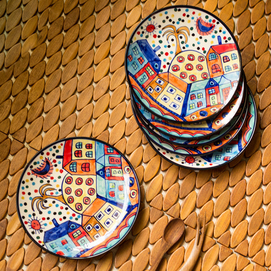 'The Hut Family' Handpainted Ceramic Quarter Plates (7 Inch, Set Of 6)