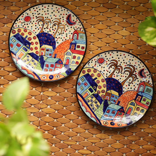 'The Hut Couple' Handpainted Ceramic Dinner Plates (10 Inch, Set Of 2)