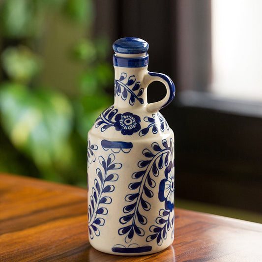 The 'Flowy Flora' Mughal Handpainted Ink Blue Decorative Ceramic Oil Bottle (1000 ML)