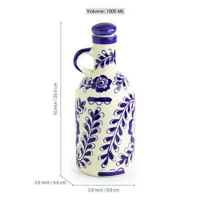 The 'Flowy Flora' Mughal Handpainted Ink Blue Decorative Ceramic Oil Bottle (1000 ML)
