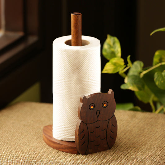 'Owl 'n' Roll'  Hand Carved Kitchen Tissue Roll Holder In Sheesham Wood