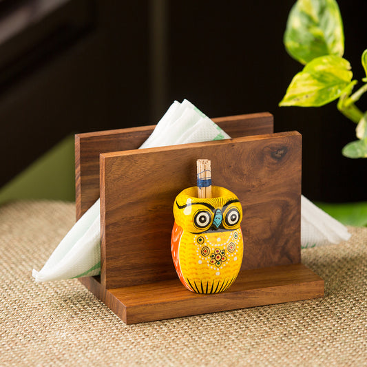 'An Owl's Vibrance' Tissue Toothpick Holder In Sheesham & Gular Wood