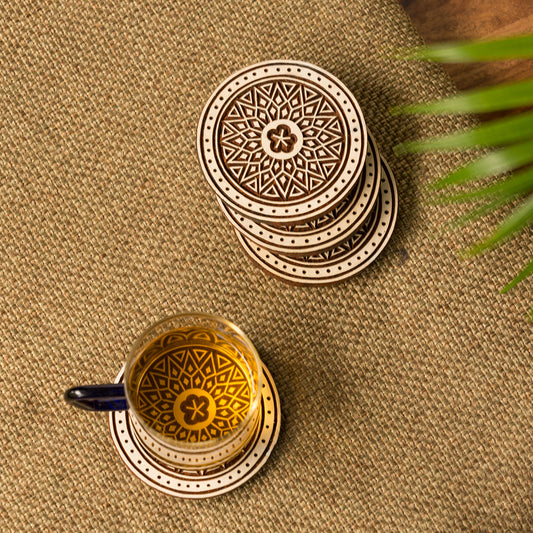 'Magnificent Mandala' Hand-Carved Blocks & Tea Coasters In Sheesham Wood (Set of 4)