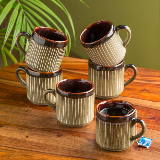 'Line Sips' Handpainted & Handglazed Studio Pottery Coffee & Tea Cups In Ceramic (Set of 6)